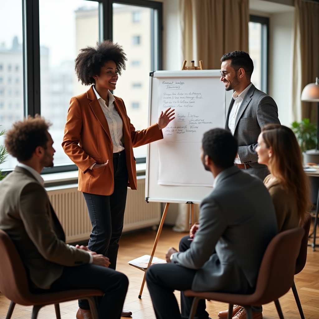 Manager leading a small team discussion in a bright modern office space