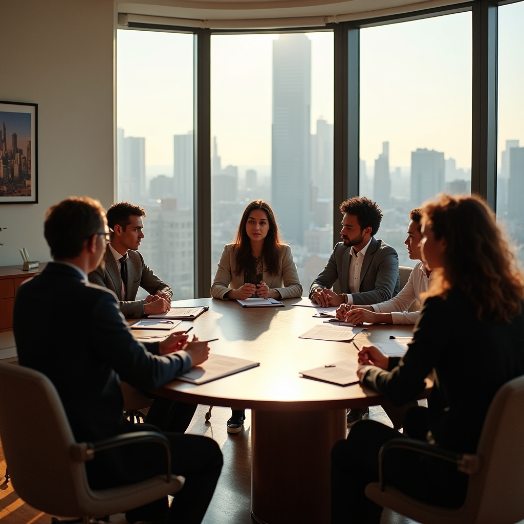 Diverse team of professionals gathered around a table in collaborative discussion