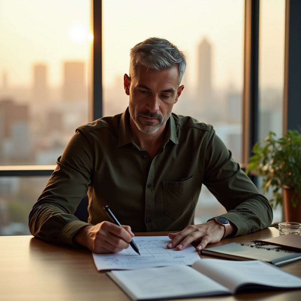 Manager reviewing a planning document at a desk with a city view through large windows